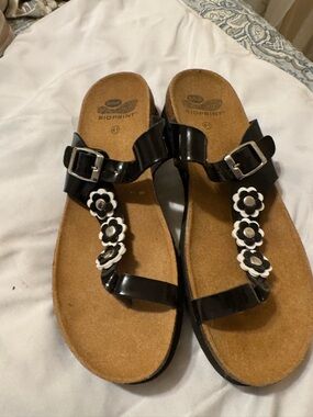 Black Floral T-Strap Cork Footbed Sandals